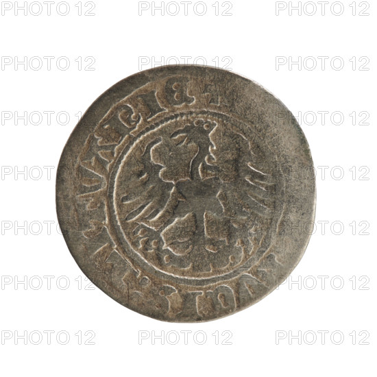 Lithuanian half-grosz, Sigismund I the Old (King of Poland; 1506–1548), Jagiellon dynasty; obverse: Pursuer (coat of arms of Lithuania) turned left, in the rim between pearl borders an inscription: ONETA: I:1Z:; reverse: Polish crowned eagle, in the rim between pearl borders an inscription: + DVCIS:LITVANIE, 1512; Grand Duchy of Lithuania, Vilnius; coin; diameter 19.4–19.6 mm; weight 1.07 g.
