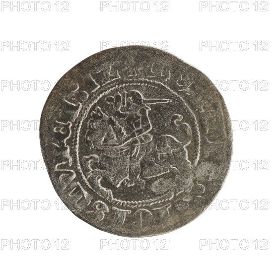 Lithuanian half-grosz, Sigismund I the Old (King of Poland; 1506–1548), Jagiellon dynasty; silver coin. Obverse: Pogon (mounted knight) turned left; in the rim between pearl borders an inscription: + MO, ET, IGISMVNDI:1Z. Reverse: Polish eagle with crown; in the rim between pearl borders an inscription: I:DVCIS:LITVA, 1512. Grand Duchy of Lithuania, Vilnius. Diameter ca. 19.4–20.0 mm; weight 1.07 g.