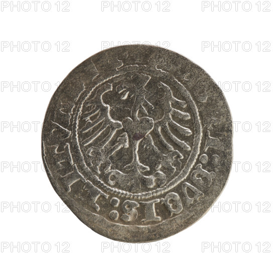 Lithuanian half-grosz, Sigismund I the Old (King of Poland; 1506–1548), Jagiellon dynasty. Obverse: Pogon (Lithuanian coat of arms) turned left; in the rim between pearl borders an inscription: + MO, ET, IGISMVNDI:1Z. Reverse: Polish crowned eagle; in the rim between pearl borders an inscription: I:DVCIS:LITVA, 1512. Grand Duchy of Lithuania, Vilnius. Coin; diameter 19.4–20.0 mm, weight 1.07 g.