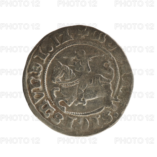 Lithuanian half-grosz, Sigismund I the Old (King of Poland; 1506–1548), Jagiellon dynasty. Obverse: Pursuer (Pahonia) turned left; in the rim between pearl borders an inscription: + MO, TA:SIGISMVNDI:1Z. Reverse: Polish crowned eagle; in the rim between pearl borders an inscription: + MA, I:DVCIS:LITVANIE. Dated 1512. Grand Duchy of Lithuania (Vilnius). Coin; diameter 19.0–19.5 mm; weight 1.12 g.