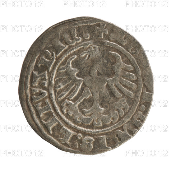 Lithuanian half-grosz, Sigismund I the Old (King of Poland; 1506–1548), Jagiellon dynasty. Obverse: Pursuer turned left; in rim between pearl borders an inscription '+ MO, TA:SIGISMVNDI:1Z'. Reverse: Polish crowned eagle; in rim between pearl borders an inscription '+ MA, I:DVCIS:LITVANIE.' Dated 1512. Grand Duchy of Lithuania, Vilnius. Coin. Diameter 19.0–19.5 mm, weight 1.12 g.