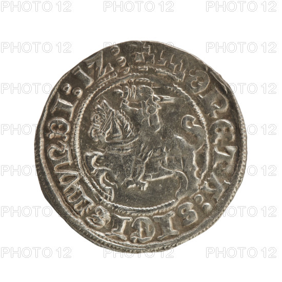 Lithuanian half-grosz, Sigismund I the Old (King of Poland; 1506–1548), Jagiellon dynasty. Obverse: Pogon (Lithuanian coat of arms) turned left; in the rim between pearl borders an inscription: ONETA:SIGISMVNDI:1Z:. Reverse: Polish crowned Eagle; in the rim between pearl borders an inscription: + MAGNI:DVCI,:LITVANIE, 1512. Grand Duchy of Lithuania, Vilnius. Coin; diameter 20.3–20.5 mm; weight 1.27 g.