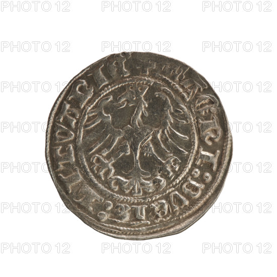 Lithuanian half-grosz, Sigismund I the Old (King of Poland; 1506–1548), Jagiellon dynasty. Obverse: Pogon (Lithuanian coat of arms) turned left; rim between pearl borders with inscription: ONETA:SIGISMVNDI:1Z:. Reverse: crowned Polish eagle; rim between pearl borders with inscription: + MAGNI:DVCI,:LITVANIE, 1512. Grand Duchy of Lithuania, Vilnius. Coin; diameter ~20.3–20.5 mm, weight 1.27 g.