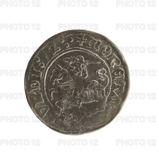 Lithuanian half-grosz, Sigismund I the Old (king of Poland; reign 1506–1548), Jagiellon dynasty. Obverse: Pogon (Lithuanian coat of arms) turned left; in the rim between pearled borders an inscription: + COIN, VNDI:1Z:. Reverse: Polish crowned eagle; in the rim between pearled borders the inscription: + MAGNI:DVC, VANIE:, dated 1512. Grand Duchy of Lithuania (Vilnius). Coin. Diameter ca. 19.4–20.2 mm; weight 1.22 g.