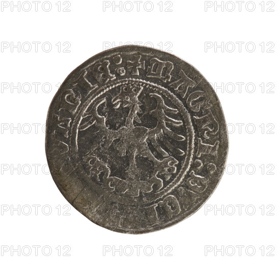 Lithuanian half-grosz, Sigismund I the Old (king of Poland; 1506–1548), Jagiellon dynasty. Obverse: Pogon (Lithuanian coat of arms) turned left; in the rim between pearl borders an inscription: + COIN, VNDI:1Z:. Reverse: Polish crowned Eagle; in the rim between pearl borders an inscription: + MAGNI:DVC, VANIE:, 1512. Grand Duchy of Lithuania, Vilnius. Coin; diameter 19.4–20.2 mm, weight 1.22 g.
