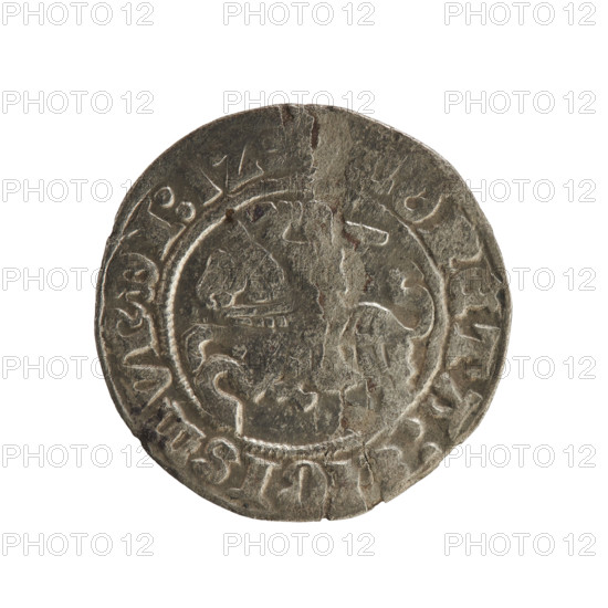 Lithuanian half-grosz, Sigismund I the Old (King of Poland; 1506–1548), Jagiellon dynasty. Obverse: Pogon (Lithuanian coat of arms) turned left; in the rim between pearly borders an inscription: ONETA:, GISMVNDI:1Z:. Reverse: Polish crowned eagle; in the rim between pearly borders an inscription: + MAGNI.DVCI, VANIE.:, 1512. Grand Duchy of Lithuania, Vilnius. Coin; diameter 19.7–19.8 mm; weight 1.10 g.
