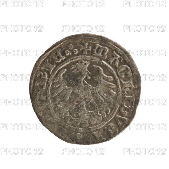 Lithuanian half-grosz, Sigismund I the Old (King of Poland; 1506–1548), Jagiellon dynasty. Obverse: Pogon (Lithuanian coat of arms) turned left; in the rim between pearl borders an inscription: ONETA:, GISMVNDI:1Z:. Reverse: Polish crowned eagle; in the rim between pearly borders an inscription: + MAGNI.DVCI, VANIE.:, 1512. Grand Duchy of Lithuania, Vilnius. Coin, diameter 19.7–19.8 mm, weight 1.10 g.