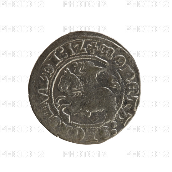 Lithuanian half-grosz, Sigismund I the Old (King of Poland; 1506–1548), Jagiellon dynasty. Obverse: Pursuer (coat of arms of Lithuania) turned left; in the rim between pearl borders an inscription: + COIN:SIGI,MVNDI:1Z. Reverse: Polish crowned eagle; in the rim between pearl borders the inscription: + MAGNI:DVCIS:LITVANIE:. Date: 1512. Place: Grand Duchy of Lithuania, Vilnius. Coin; diameter 19.7–20.3 mm; weight 1.21 g.