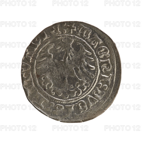 Lithuanian half-grosz, Sigismund I the Old (King of Poland; 1506–1548), Jagiellon dynasty. Silver coin (half-grosz), Grand Duchy of Lithuania, Vilnius, 1512. Obverse: Pursuer (coat of arms of Lithuania) turned left; in the rim between pearl borders an inscription: + COIN:SIGI, MVNDI:1Z. Reverse: Polish eagle with crown; in the rim between pearl borders the inscription: + MAGNI:DVCIS:LITVANIE:. Diameter: 19.7–20.3 mm. Weight: 1.21 g.