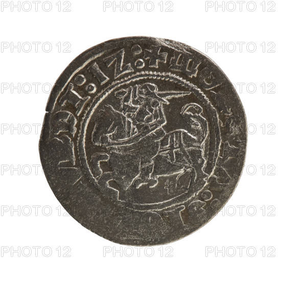 Lithuanian half-grosz, Sigismund I the Old (king of Poland; 1506–1548). Obverse: Chaser (Chaser turned left), in the rim between pearl borders an inscription: + MO, TA:, DI:1Z:. Reverse: Polish Eagle with a crown, in the rim between pearly borders an inscription: + MAGNI:DVCIS:L,:, 1512. Jagiellonian-era coin from the Grand Duchy of Lithuania, Vilnius. Features coats of arms (eagles; Chaser), diameter ~19.3–19.8 mm, weight 1.19 g, rarity R8.