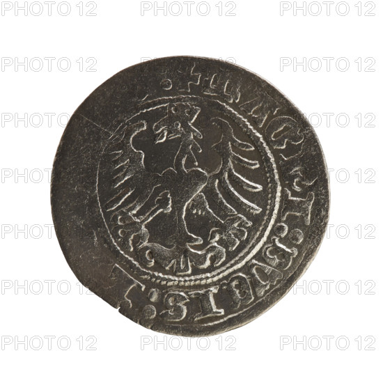Lithuanian half-grosz, Sigismund I the Old (king of Poland; 1506–1548). R8 (rarity). Jagiellonians (dynasty). Obverse: Chaser turned left; in the rim between pearl borders an inscription: + MO, TA:, DI:1Z:. Reverse: Polish Eagle with a crown; in the rim between pearly borders an inscription: + MAGNI:DVCIS:L,:, 1512. Grand Duchy of Lithuania, Vilnius, Poland. Coin; diameter 19.3–19.8 mm; weight 1.19 g.