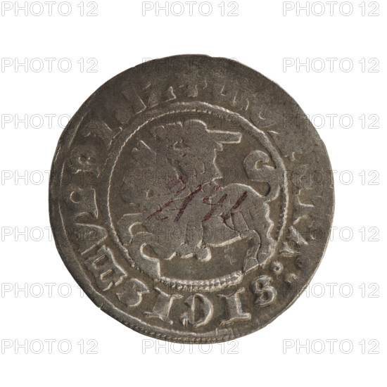 Lithuanian half-grosz, Sigismund I the Old (king of Poland; 1506–1548). Obv.: Pogon turned left; in the rim between pearl borders an inscription: + ETA:SIGISMVNDI, 1Z. Rev.: Polish Eagle with a crown; in the rim between the pearl borders the inscription: + MAGNI:DVCIS:LITVANIE:. 1512. Grand Duchy of Lithuania, Vilnius. Coin, dia. 20.0–20.4 mm, weight 1.22 g. Jagiellonian dynasty; coats of arms: Pogon (Lithuania) and Eagle (Poland). R8 (rarity).