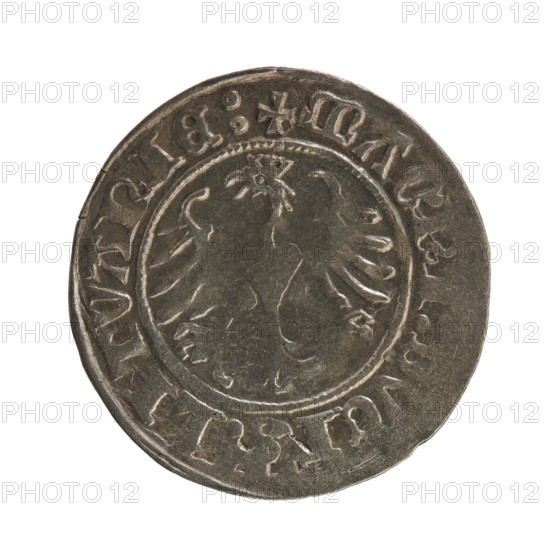 Lithuanian half-grosz, Sigismund I the Old (king of Poland; 1506–1548). Obv.: Pogon (Chaser) turned left; in the rim between pearl borders an inscription: + ETA:SIGISMVNDI. Rev.: Polish Eagle with a crown; in the rim between the pearl borders the inscription: + MAGNI:DVCIS:LITVANIE:. Date: 1512. Grand Duchy of Lithuania, Vilnius. Coin (dia. 20.0–20.4 mm; weight 1.22 g). Style/attributes: Jagiellonian dynasty; coats of arms — Pogon and Eagle; rarity R8.