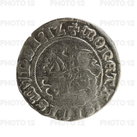 Lithuanian half-grosz, Sigismund I the Old (King of Poland; 1506–1548), Jagiellon dynasty. Coin with eagles and coats of arms. Obverse: Pursuer (coat of arms of Lithuania) turned left; in the rim between pearl borders an inscription: + MONETARY, SIGISMVNDI:1Z. Reverse: Polish crowned eagle; in the rim between pearl borders an inscription: + MAGNI:DVCIS:LITVANIE. Dated 1512. Grand Duchy of Lithuania, Vilnius. Coin; diameter 19.7–20.2 mm, weight 1.14 g.