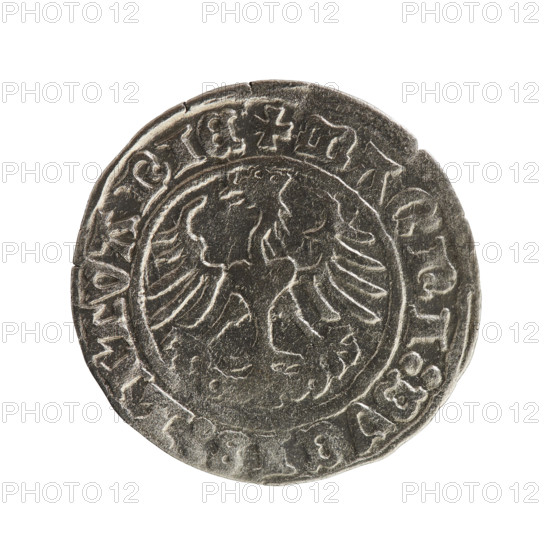 Lithuanian half-grosz, Sigismund I the Old (King of Poland; 1506–1548), Jagiellon dynasty. Obverse: Pursuer (coat of arms of Lithuania) turned left; in the rim between pearl borders an inscription: + MONETARY, SIGISMVNDI:1Z. Reverse: Polish Eagle with a crown; in the rim between pearly borders an inscription: + MAGNI:DVCIS:LITVANIE. Dated 1512. Grand Duchy of Lithuania, Vilnius. Coin. Diameter 19.7–20.2 mm, weight 1.14 g.
