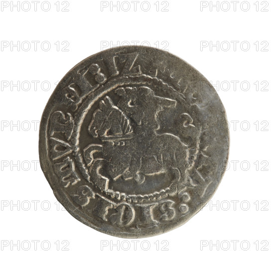 Lithuanian half-grosz, Sigismund I the Old (King of Poland; 1506–1548), Jagiellon dynasty. Obverse: Pursuer (coat of arms of Lithuania) turned left; in the rim between pearl borders an inscription: TA:SIGISMVNDI:1Z. Reverse: Polish crowned eagle; in the rim between pearl borders an inscription: + MAG·VCIS·LITVANIE. Date: 1512. Grand Duchy of Lithuania. Coin (Poland/Lithuania). Diameter: 19.6–19.9 mm. Weight: 1.17 g.