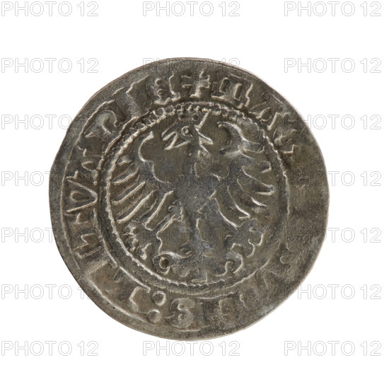 Lithuanian half-grosz, Sigismund I the Old (King of Poland; 1506–1548), Jagiellon dynasty. Obverse: Pursuer turned left; in the rim between pearl borders an inscription: TA:SIGISMVNDI:1Z. Reverse: Polish crowned eagle; in the rim between pearl borders an inscription: + MAG, VCIS:LITVANIE, 1512. Grand Duchy of Lithuania, Vilnius. Coin; diameter 19.6–19.9 mm, weight 1.17 g.