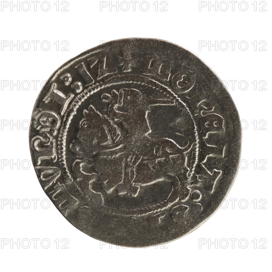 Lithuanian half-grosz, Sigismund I the Old (King of Poland; 1506–1548), Jagiellon dynasty. Obverse: Pursuer (coat of arms of Lithuania) turned left; in the rim between pearl borders an inscription: + MONE, A:, MVNDI:1Z. Reverse: Polish crowned eagle; in the rim between the pearl borders the inscription: + MAGNI:DVCIS:, VANIE:, 1512. Grand Duchy of Lithuania, Vilnius. Coin. Diameter: 19.8–20.2 mm. Weight: 1.25 g.