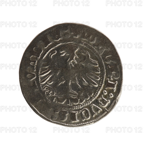 Lithuanian half-grosz, Sigismund I the Old (King of Poland; 1506–1548), Jagiellon dynasty. Obverse: Pursuer (Pogonia) turned left; in the rim between pearl borders an inscription: + MONE, A:, MVNDI:1Z. Reverse: Polish crowned eagle; in the rim between the pearl borders the inscription: + MAGNI:DVCIS:, VANIE:, 1512. Grand Duchy of Lithuania, Vilnius. Coin; diameter 19.8–20.2 mm; weight 1.25 g.