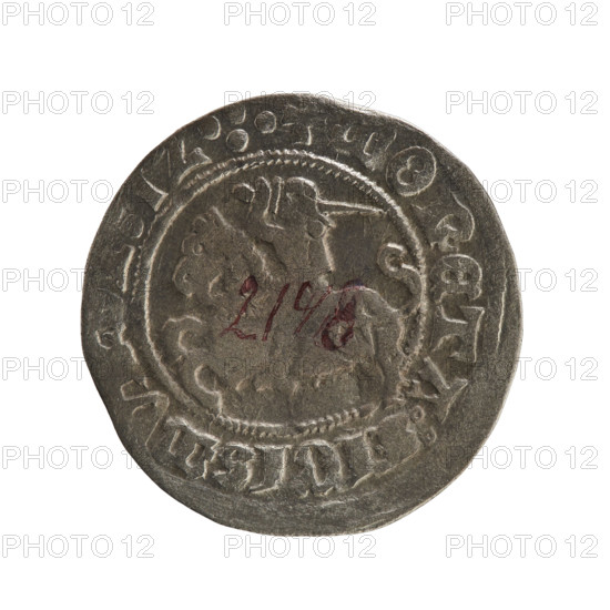 Lithuanian half-grosz, Sigismund I the Old (king of Poland; 1506–1548). Obverse: Pogon turned left; in the rim between pearl borders an inscription: + COIN:, IGISMV, DI:1Z.:. Reverse: Polish Eagle with a crown; in the rim between pearly borders an inscription: + MAGNI:DVCIS:LITVANI, 1512. Jagiellonians (dynasty). Grand Duchy of Lithuania, Vilnius. Coin (silver), diameter 19.8–20.0 mm, weight 1.30 g. Coats of arms: Pogon (Lithuania), Eagle (Poland). R8 (rarity).