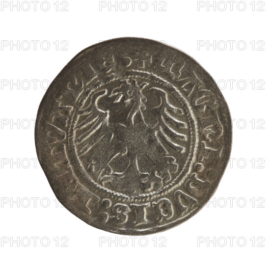 Lithuanian half-grosz, Sigismund I the Old (king of Poland; 1506–1548). R8 (rarity). Jagiellonians dynasty. Obverse: Pogon (Lithuanian coat of arms) turned left; in the rim between pearl borders an inscription: + COIN:, IGISMV, DI:1Z.:. Reverse: Polish eagle with a crown; in the rim between pearly borders an inscription: + MAGNI:DVCIS:LITVANI, 1512. Grand Duchy of Lithuania, Vilnius. Coin (metal): coin. Diameter 19.8–20.0 mm. Weight 1.30 g.