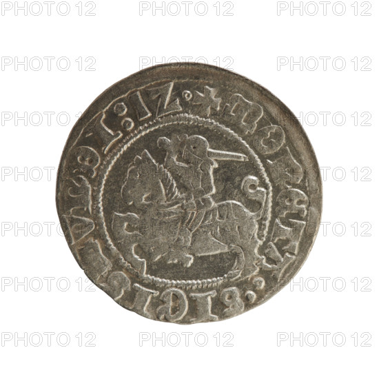 Lithuanian half-grosz, Sigismund I the Old (King of Poland; 1506–1548), Jagiellon dynasty. Obverse: Pursuer (coat of arms of Lithuania) turned left; in the rim between pearl borders an inscription: + COIN:SIGISMVNDI:1Z. Reverse: Polish Eagle with a crown; in the rim between pearly borders an inscription: + MAGNI:DVCIS:LITV, IE. Dated 1512. Grand Duchy of Lithuania, Vilnius. Coin; diameter 19.8–20.2 mm; weight 1.11 g.
