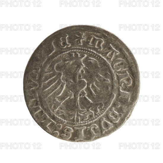 Lithuanian half-grosz, Sigismund I the Old (King of Poland; reign 1506–1548), Jagiellon dynasty; obverse: Pursuer (Lithuanian coat of arms) turned left, in rim between pearl borders an inscription '+ COIN:SIGISMVNDI:1Z'; reverse: Polish crowned eagle, in rim between pearl borders an inscription '+ MAGNI:DVCIS:LITV, IE'; dated 1512; Grand Duchy of Lithuania, Vilnius; silver coin; diameter ~19.8–20.2 mm; weight 1.11 g.