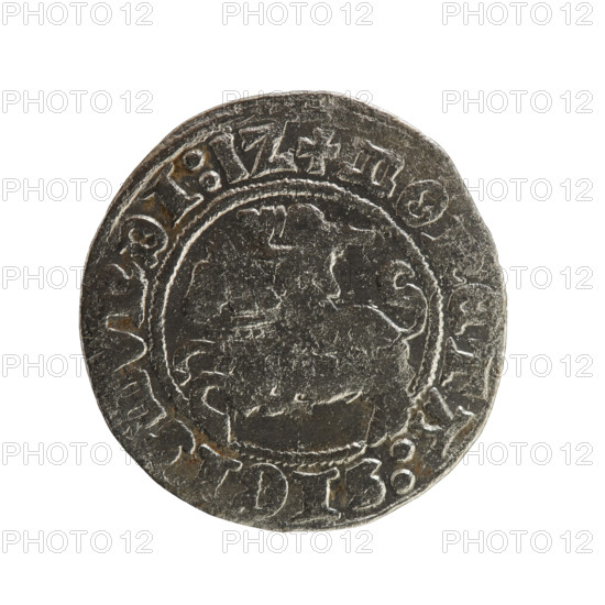 Lithuanian half-grosz, Sigismund I the Old (King of Poland; 1506–1548), Jagiellon dynasty. Obverse: Pursuer (coat of arms of Lithuania) turned left; in the rim between pearl borders an inscription: + MO, ETA:SIGISM, DI:1Z. Reverse: Polish eagle with a crown; in the rim between pearly borders an inscription: + MAGNI:DVCIS:, VANIE:, 1512. Grand Duchy of Lithuania, Vilnius. Coin. Diameter 19.3–20.0 mm. Weight 1.11 g.