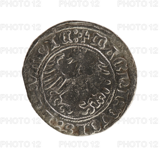 Lithuanian half-grosz, Sigismund I the Old (King of Poland; 1506–1548), Jagiellon dynasty. Obverse: Pursuer (coat of arms of Lithuania) turned left; in the rim between pearl borders an inscription: + MO, ETA:SIGISM, DI:1Z. Reverse: Polish crowned eagle; in the rim between pearl borders an inscription: + MAGNI:DVCIS:, VANIE:, 1512. Grand Duchy of Lithuania, Vilnius. Silver coin; diameter 19.3–20.0 mm; weight 1.11 g.