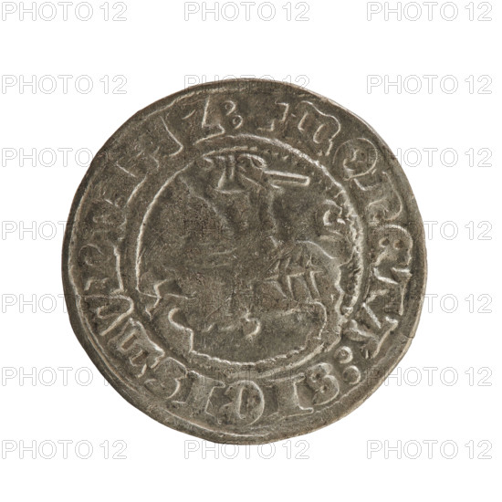 Lithuanian half-grosz, Sigismund I the Old (King of Poland; 1506–1548), Jagiellon dynasty. Obverse: Pursuer (coat of arms of Lithuania) turned left; in the rim between pearl borders an inscription. Reverse: Polish Eagle with a crown; in the rim between pearly borders an inscription: + MAGNI:, VCIS:LITVANIE. Date: 1512. Material: coin. Dimensions: diameter 19.8–20.0 mm; weight 1.14 g.
