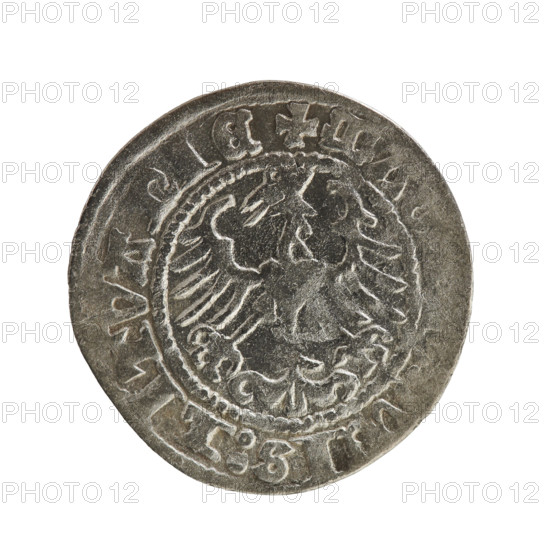 Lithuanian half-grosz, Sigismund I the Old (king of Poland; 1506–1548). Obverse: Chaser turned left; in the rim between pearl borders an inscription: ETA:SIG, MVNDI:1Z. Reverse: Polish Eagle with a crown; in the rim between pearly borders an inscription: + MA, VCIS:LITVANIE, 1512. Jagiellonian dynasty; coats of arms: eagles, Chaser (coat of arms; Lithuania). Grand Duchy of Lithuania, Vilnius, Poland. Coin: diameter 19.5–20.2 mm, weight 1.11 g. R8 (rarity).