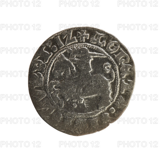 Lithuanian half-grosz, Sigismund I the Old (King of Poland; 1506–1548). Obverse: Pogon turned left; in the rim between pearly borders an inscription: + MONETA:, DI:1Z. Reverse: Polish Eagle with a crown; in the rim between pearly borders an inscription: + MAGNI:DVCIS:LITVANIE, 1512. Grand Duchy of Lithuania, Vilnius. Jagiellonian dynasty; eagles; Pogon coat of arms. Coin; diameter 19.0–19.7 mm; weight 1.15 g; R8 (rarity).