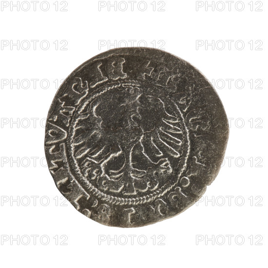 Lithuanian half-grosz, Sigismund I the Old (King of Poland; 1506–1548). Obverse: Pogon (Lithuanian coat of arms) turned left; in the rim between pearly borders an inscription: + MONETA:, DI:1Z. Reverse: crowned Polish Eagle; in the rim between pearly borders an inscription: + MAGNI:DVCIS:LITVANIE. Date: 1512. Dynasty: Jagiellonians. Materials/style: coin from the Grand Duchy of Lithuania, minted in Vilnius. Subject: eagles, Pogon coat of arms. Physical: diameter 19.0–19.7 mm, weight 1.15 g, rarity R8.