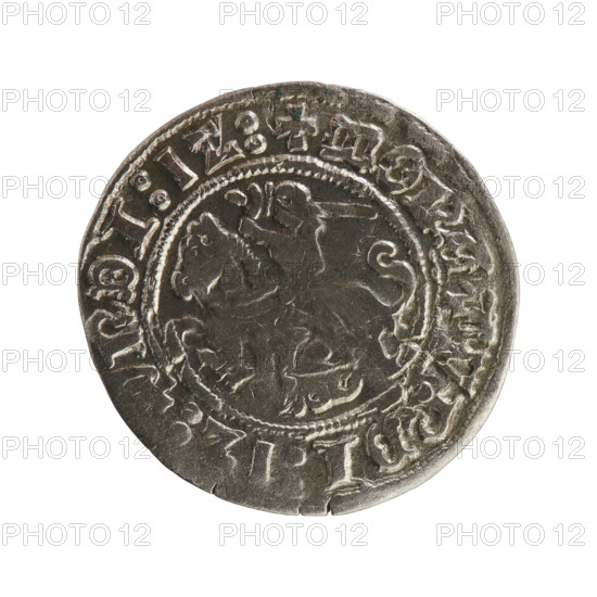Lithuanian half-grosz, Sigismund I the Old (King of Poland; 1506–1548), Jagiellon dynasty. Obverse: Pursuer (coat of arms of Lithuania) turned left; in the rim between pearl borders an inscription: + MON DI:1Z: NDI:1Z:. Reverse: Polish crowned eagle; in the rim between pearly borders an inscription: LITVA CIS:LITVA VCIS: 1512. Grand Duchy of Lithuania, Vilnius. Coin (metal): dia. 20.1–20.9 mm, weight 1.23 g.