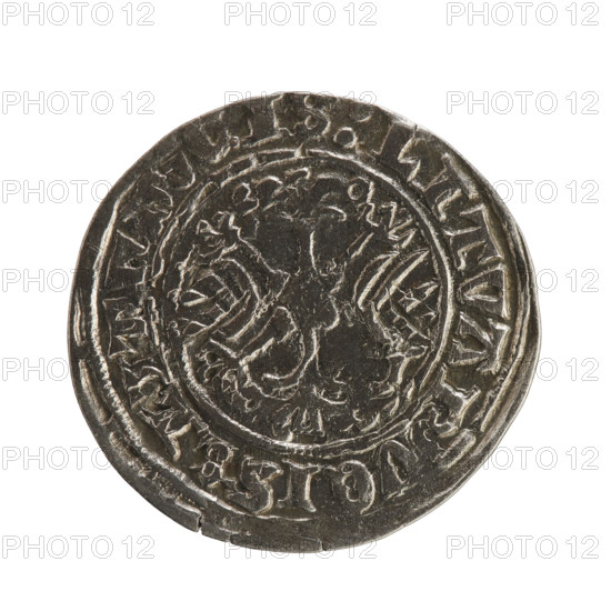 Lithuanian half-grosz, Sigismund I the Old (King of Poland; 1506–1548), Jagiellon dynasty. Obverse: Pursuer (coat of arms of Lithuania) turned left; in the rim between pearl borders an inscription: + MON, DI:1Z:, NDI:1Z:. Reverse: Polish crowned eagle; in the rim between pearly borders an inscription: LITVA, CIS:LITVA, VCIS:, 1512. Grand Duchy of Lithuania, Vilnius. Coin; diameter 20.1–20.9 mm; weight 1.23 g.