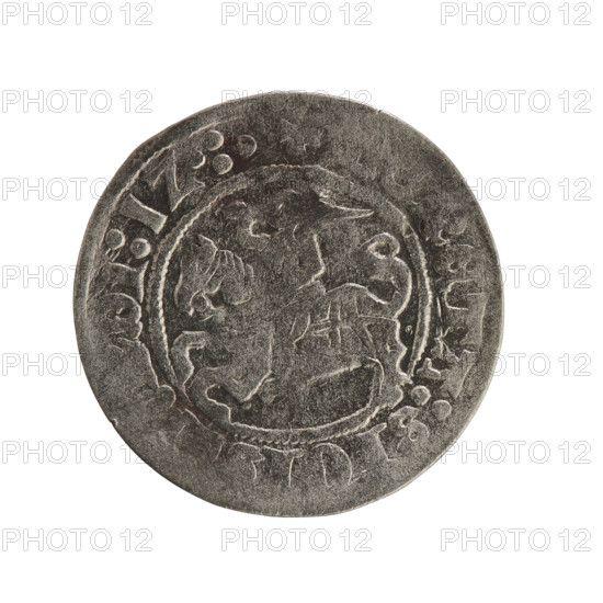 Lithuanian half-grosz, Sigismund I the Old (King of Poland; 1506–1548), Jagiellon dynasty. Obverse: Pursuer (coat of arms of Lithuania) turned left; in the rim between pearl borders an inscription: + NETA:SIGIS, DI:1Z.:. Reverse: Polish crowned eagle; in the rim between pearly borders an inscription: + MAGNI, :LITVA, .:., 1512. Grand Duchy of Lithuania, Vilnius. Coin; diameter 19.8–20.0 mm; weight 1.18 g.