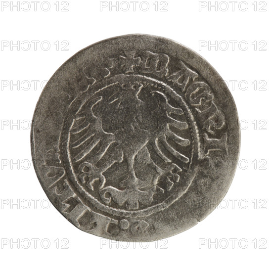 Lithuanian half-grosz, Sigismund I the Old (King of Poland; 1506–1548), Jagiellon dynasty. Obverse: Pursuer (coat of arms of Lithuania) turned left; in the rim between pearl borders an inscription: + NETA:SIGIS, DI:1Z.:. Reverse: Polish crowned eagle; in the rim between pearly borders an inscription: + MAGNI, :LITVA, .:., 1512. Grand Duchy of Lithuania, Vilnius. Coin; diameter 19.8–20.0 mm, weight 1.18 g.