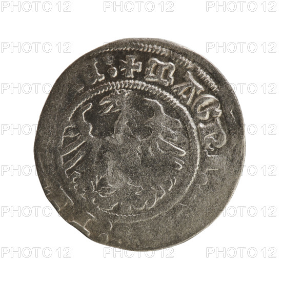 Lithuanian half-grosz, Sigismund I the Old (king of Poland; 1506–1548). Obv.: Pogon (Lithuanian coat of arms) turned left; in the rim between pearl borders an inscription: + MO, A:SIG, DI:1Z. Rev.: Polish eagle with crown; in the rim between pearly borders an inscription: + MAGNI:, :LI, E:, 1512. Jagiellonian dynasty; coats of arms: eagles, Pogon. Grand Duchy of Lithuania, Vilnius, Poland. Coin, dia. 19.3–20.0 mm, weight 1.02 g. R8 (rarity).