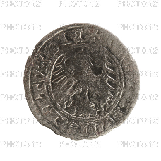 Lithuanian half-grosz, Sigismund I the Old (King of Poland; 1506–1548), Jagiellon dynasty. Obverse: Pursuer (coat of arms of Lithuania) turned left; in the rim between pearl borders an inscription: A S ISMVNDI 1Z. Reverse: Polish crowned eagle; in the rim between pearly borders an inscription: + G DVCIS:LITVANIE: 1512. Grand Duchy of Lithuania, Vilnius. Coin. Diameter 20.2–20.4 mm; weight 1.08 g.