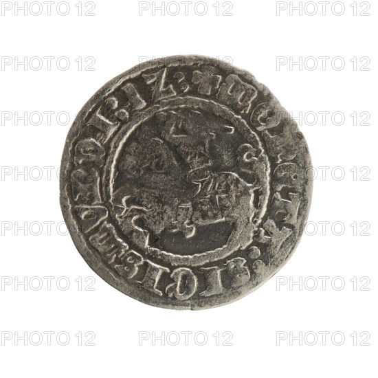 Lithuanian half-grosz, Sigismund I the Old (King of Poland; 1506–1548), Jagiellon dynasty; obverse: Pogon (Lithuanian coat of arms) turned left, in rim between pearly borders inscription '+ MONETA:SIGISMVNDI:1Z:'; reverse: crowned Polish Eagle, in rim between pearly borders inscription '+ MAG, I:DVCIS:LITVANIE, 1512'; Grand Duchy of Lithuania, Vilnius; coin; diameter 19.8–20.0 mm; weight 1.22 g.