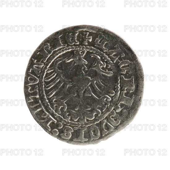 Lithuanian half-grosz, Sigismund I the Old (King of Poland; 1506–1548), Jagiellon dynasty. Obverse: Pogon (Lithuanian coat of arms) turned left; in the rim between pearly borders an inscription: + MONETA:SIGISMVNDI:1Z:. Reverse: Polish crowned eagle; in the rim between pearly borders an inscription: + MAG, I:DVCIS:LITVANIE, 1512. Grand Duchy of Lithuania, Vilnius. Coin; diameter 19.8–20.0 mm, weight 1.22 g.