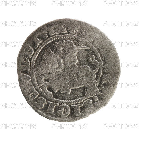 Lithuanian half-grosz, Sigismund I the Old (King of Poland; 1506–1548), Jagiellonians (dynasty); obv.: Pogon turned left, in the rim between pearly borders the inscription SIGISMVNDI; rev.: Polish Eagle with a crown, in the rim between pearly borders the inscription + MAGNI:DVC, LITVANIE:; dated 1512; Grand Duchy of Lithuania, Vilnius; coin; diameter 19.6–19.8 mm; weight 1.09 g.
