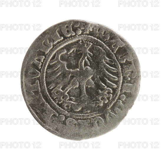 Lithuanian half-grosz, Sigismund I the Old (King of Poland; 1506–1548), Jagiellonian dynasty. Obverse: Pogon (Lithuanian charging knight) turned left; rim between pearly borders with inscription SIGISMVNDI. Reverse: Polish crowned eagle; rim between pearly borders with inscription + MAGNI:DVC, LITVANIE:. Date: 1512. Grand Duchy of Lithuania (Vilnius). Coin; diameter ~19.6–19.8 mm; weight 1.09 g.