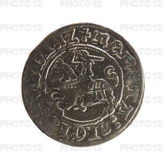 Lithuanian half-grosz, Sigismund I the Old (King of Poland; 1506–1548), Jagiellon dynasty. Obverse: Pursuer (coat of arms of Lithuania) turned left; in the rim between pearl borders an inscription: + COIN:SIGI, DI:1Z. Reverse: Polish Eagle with a crown; in the rim between the pearl borders an inscription: + MAGNI:DVCI, :, VANIE.:, 1512. Grand Duchy of Lithuania, Vilnius. Coin; diameter 19.6–20.0 mm; weight 1.22 g.