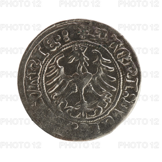 Lithuanian half-grosz, Sigismund I the Old (King of Poland; 1506–1548), Jagiellon dynasty. Obverse: Pursuer (coat of arms of Lithuania) turned left; in the rim between pearl borders an inscription: + COIN:SIGI, DI:1Z. Reverse: Polish eagle with crown; in the rim between pearl borders an inscription: + MAGNI:DVCI, :, VANIE.:, 1512. Grand Duchy of Lithuania, Vilnius. Coin; dia. 19.6–20.0 mm; weight 1.22 g.