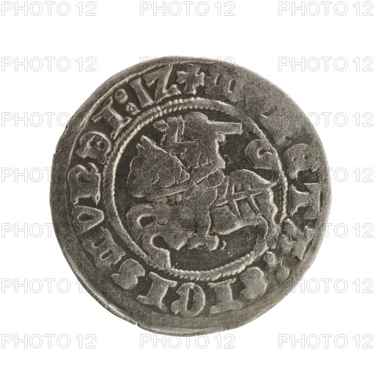 Lithuanian half-grosz, Sigismund I the Old (King of Poland; 1506–1548), Jagiellons (dynasty). Obverse: Pursuer turned left; in rim between pearl borders an inscription: +, TA:, IGISMVNDI:1Z. Reverse: Polish eagle with a crown; in rim between pearl borders an inscription: + MAGNI:DVCIS:LITVANIE, 1512. Grand Duchy of Lithuania. Coin (Poland). Diameter 20.2–20.5 mm, weight 1.22 g.