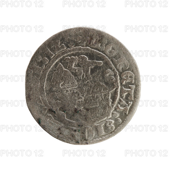 Lithuanian half-grosz, Sigismund I the Old (King of Poland; 1506–1548), Jagiellon dynasty. Obverse: Pursuer (coat of arms of Lithuania) turned left; in the rim between pearl borders an inscription: + ETA:SIG I]:1Z. Reverse: Polish crowned eagle; in the rim between pearl borders an inscription: + M : TVANIE : 1512. Grand Duchy of Lithuania, Vilnius. Coin. Diameter 19.6–20.0 mm, weight 1.19 g.