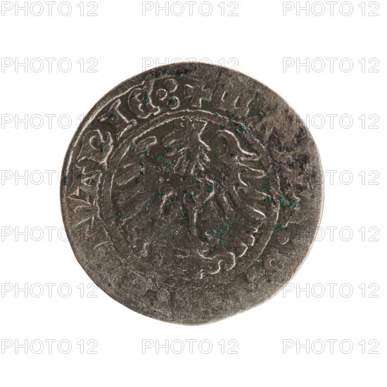 Lithuanian half-grosz, Sigismund I the Old (King of Poland; 1506–1548), Jagiellon dynasty. Obverse: Pursuer turned left; in the rim between pearl borders an inscription: + ETA:SIG I]:1Z. Reverse: Polish eagle with a crown; in the rim between pearly borders an inscription: + M: TVANIE:, 1512. Grand Duchy of Lithuania, Vilnius. Coin. Diameter 19.6–20.0 mm; weight 1.19 g.