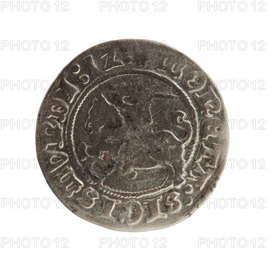 Lithuanian half-grosz, Sigismund I the Old (King of Poland; 1506–1548), Jagiellon dynasty. Obverse: Pursuer (coat of arms of Lithuania) turned left; in the rim between pearl borders an inscription: + COIN:SIGISMVNDI:1Z:. Reverse: Polish eagle with a crown; in the rim between pearly borders an inscription: + MAGNI:DVCIS:LITVANIE. Dated 1512. Grand Duchy of Lithuania (Vilnius). Coin; diameter 19.8–19.9 mm; weight 1.20 g.