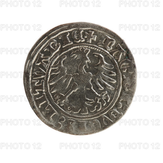 Lithuanian half-grosz, Sigismund I the Old (King of Poland; 1506–1548), Jagiellon dynasty. Obverse: Pursuer (coat of arms of Lithuania) turned left; in the rim between pearl borders an inscription: + COIN:SIGISMVNDI:1Z:. Reverse: Polish crowned eagle; in the rim between pearly borders an inscription: + MAGNI:DVCIS:LITVANIE. Dated 1512. Grand Duchy of Lithuania (Vilnius). Coin; diameter 19.8–19.9 mm; weight 1.20 g.